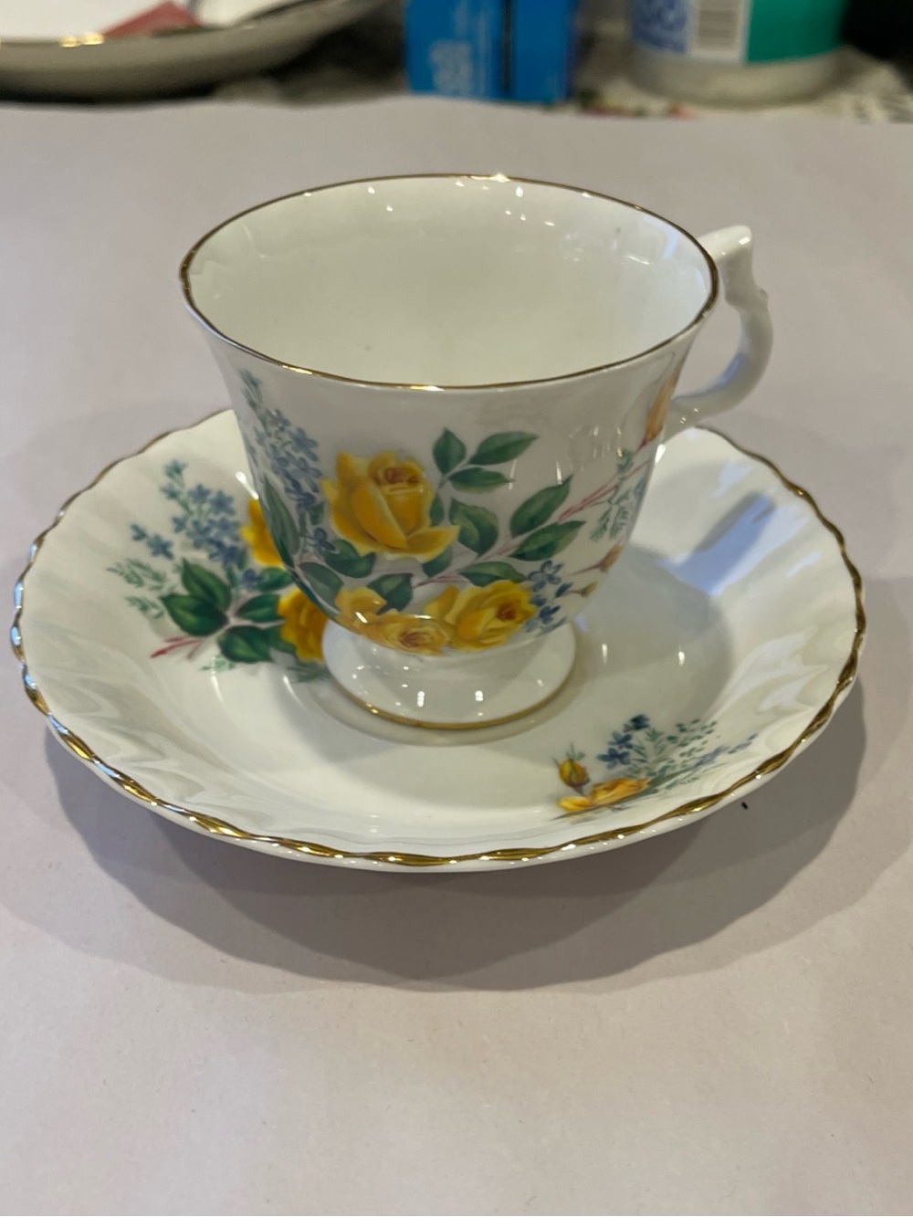 vtg Bluebird  Fine Bone China TEA CUP & SAUCER numbered FOOTED yellow roses